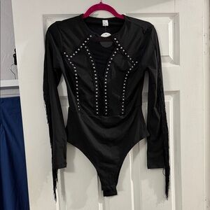 Black Studded Long-Sleeve Bodysuit